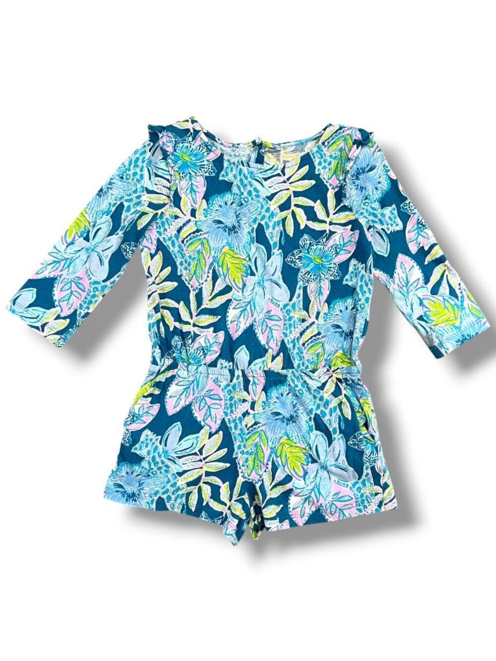 Lilly Pulitzer Girls Blue Tropical Summer Floral Romper Ruffle Shoulder Size 6-7